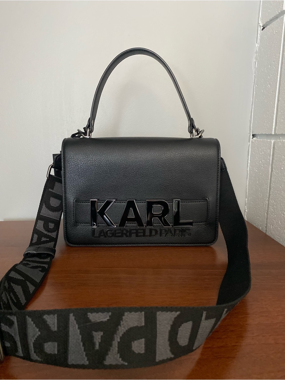 Karl Lagerfeld Black Leather Logo Crossbody Top-Handle Bag